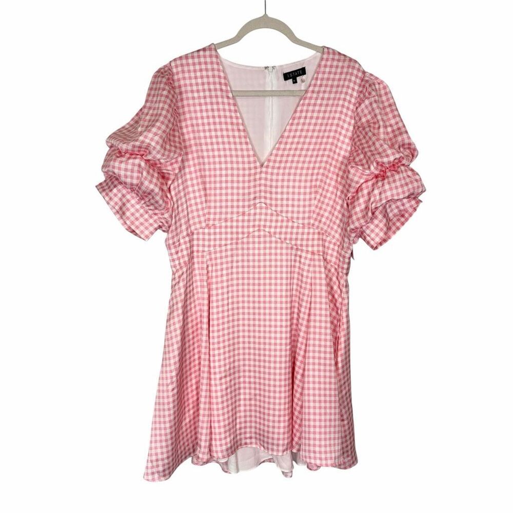NWT 1.state Sunshine Times Mini Dress Womens XL Rose Pink Gingham Puff Sleeve - Picture 2 of 14